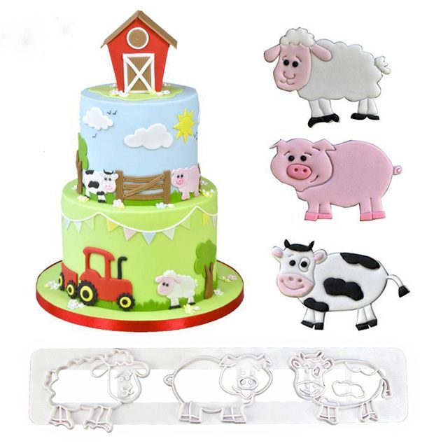 Molde plástico para decorar fondant y tortas animales oveja cerdo vaca