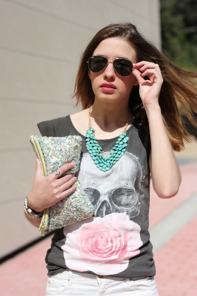 zara skull t-shirt, zara clutch, rayban, outfit
