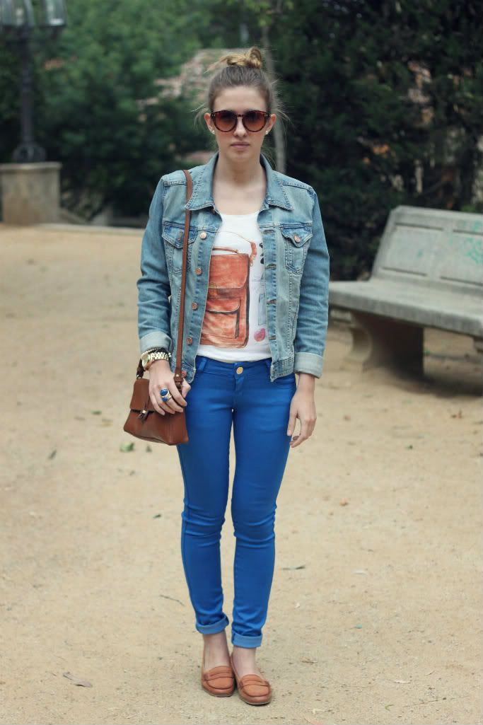 denim jacket, blue pants