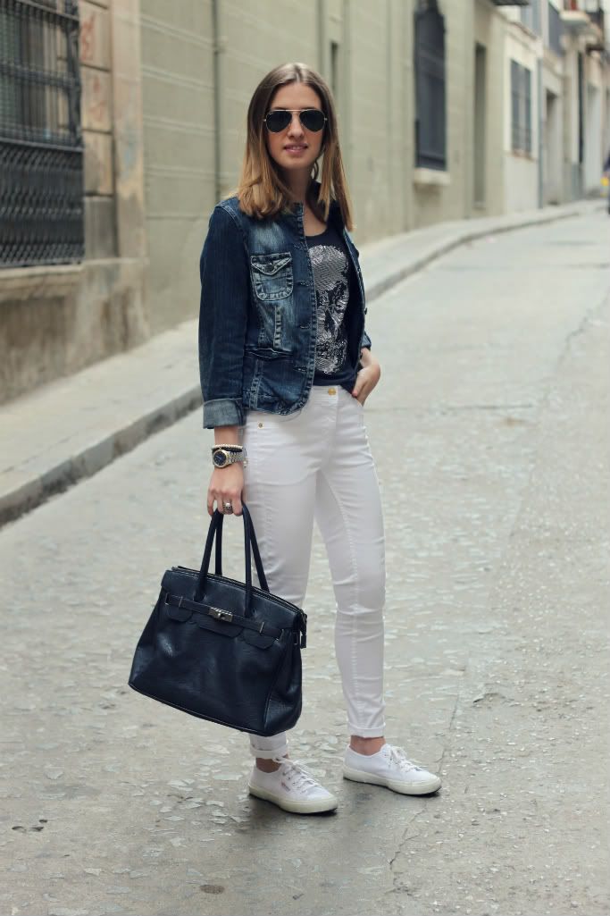 skull t-shirt white jeans denim jaket