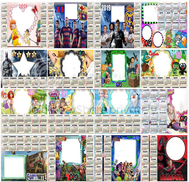 Almanaque calendario 2019 plantilla para retoque digital