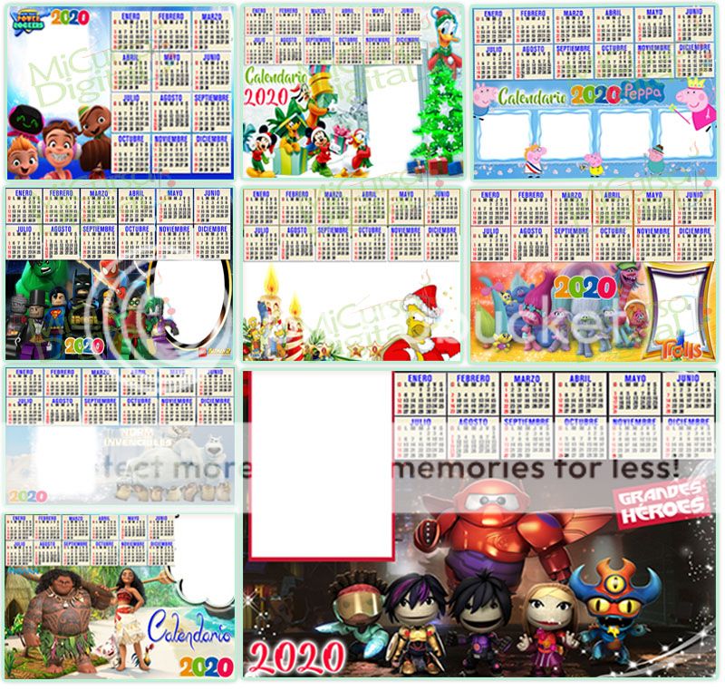 Almanaque infantil Calendarios 2020 editables photoshop gimp png psd jpeg fotos