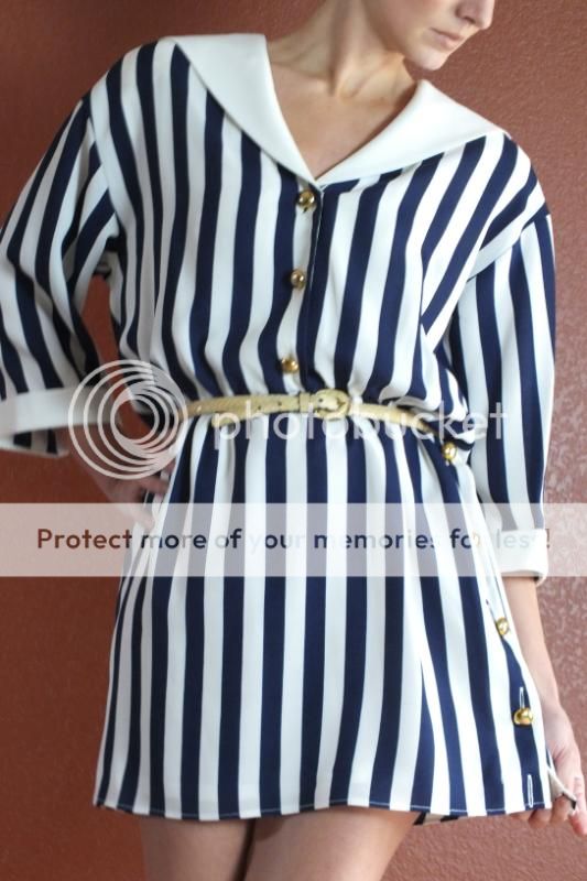 VTG 80s Nautical Blue White Stripe Sailor Collar Office Mini Dress S M 